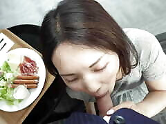 Asian mom offers her pussy and blowjob for breakfast