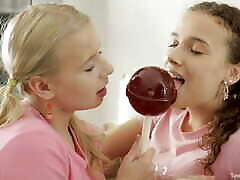 Chloe and Caroline Share A Big Lollipop Before Their Lesbian Sex Adventure
