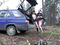 Sexy dark haired girl gets picked up and fucked in the woods