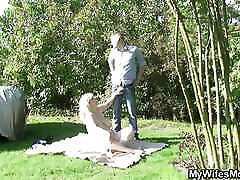 Dude caught fucking her busty blonde mom outdoors