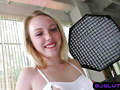 BJ perky boobs babe sucks cock in dirty talking closeup POV